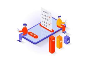 Election and voting concept in 3d isometric design. People vote in elections, calculating votes and make charts with exit polls and results. Vector illustration with isometry scene for web graphic