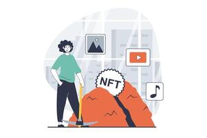 NFT token concept with people scene in flat design for web. Man with pickaxe creating digital content with non fungible token for sell. Vector illustration for social media banner, marketing material.