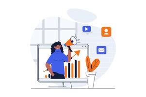 Digital marketing web concept with character scene. Woman with megaphone making advertising campaign online. People situation in flat design. Vector illustration for social media marketing material.