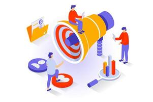 Business and marketing concept in 3d isometric design. People creating advertising campaign for online promotion, communication with customers. Vector illustration with isometry scene for web graphic