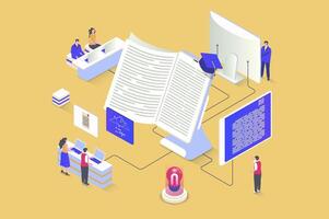 Online studying concept in 3d isometric design. Students read books, study literature and science, make homework for lessons at home. Vector illustration with isometry people scene for web graphic