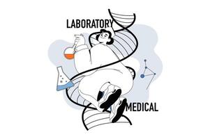 Medical laboratory concept with people scene in flat line design for web. Scientist makes genetic test in tubes, researches dna in lab. Vector illustration for social media banner, marketing material.