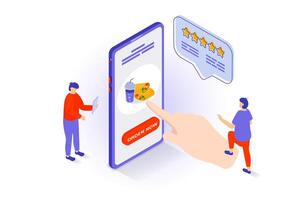 Food delivery concept in 3d isometric design. People ordering fast food meal from restaurant and buying online in app, leaving rating feedback. Vector illustration with isometry scene for web graphic