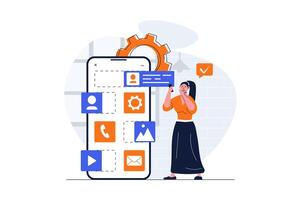 ui ux desarrollo web concepto con personaje escena. mujer creando móvil interfaz y colocación elementos. personas situación en plano diseño. vector ilustración para social medios de comunicación márketing material.