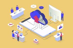 Cloud computing concept in 3d isometric design. Network computing technology, data storage and upload, secure access to database server. Vector illustration with isometry people scene for web graphic