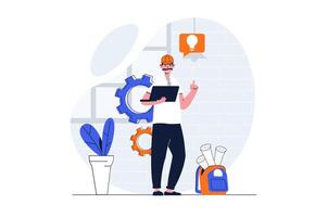 Construction engineer web concept with character scene. Man generates ideas and creating building blueprint. People situation in flat design. Vector illustration for social media marketing material.