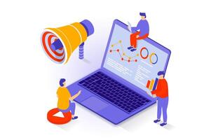 Business and marketing concept in 3d isometric design. People researching data and seo statistic at charts, creating strategy and advertising. Vector illustration with isometry scene for web graphic