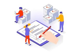 Election and voting concept in 3d isometric design. People vote and ticking checkbox in ballot paper, support political candidate or party. Vector illustration with isometry scene for web graphic