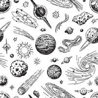 cósmico espacio sin costura modelo. resumen ornamento de planetas, estrellas, cometas, asteroides, galaxias mano dibujado vector astronomía ilustraciones.