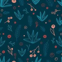 Floral hand drawn vector seamless pattern. Abstract background with branches, berry, plants. Botanical ornament in doodles style.