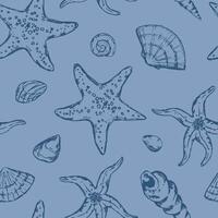 Abstract sea ornament. Sketches of starfishes, shells, stones, seaweed, coral. Vector seamless pattern of underwater life. Retro outline style design.