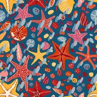 Starfishes, shells and stones flat hand drawn vector seamless pattern. Colorful wallpaper in scandinavian style. Summer sea background. Abstract design for prints, wrap, textile, fabric, decor, cards.