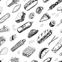 Fast food sketches seamless pattern. Delicious food ornament. Hand drawn vector illustration. Modern style design for decor, wallpaper, background, textile.