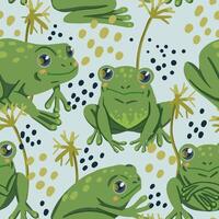 Cute frogs, swamp plants, random dots. Abstract vector seamless pattern. Colored cartoon ornament with animals. Funny design for print, fabric, textile, background, wallpaper, wrap, card, decoration.