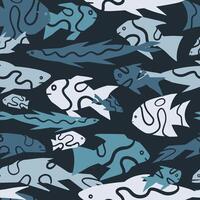 Abstract fishes simple geometric style ornament. Seamless pattern of underwater sea creatures in primitive art style. Hand drawn vector illustration.