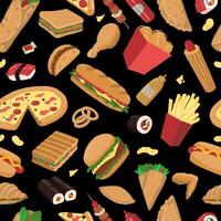 Fast food seamless pattern. Delicious food colored ornament. Cartoon vector illustration. Modern design for decor, wallpaper, background, textile.