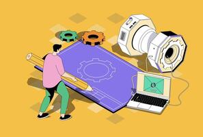 Development concept in 3d isometric design. Man developer drawing gear blueprint and engineering project prototype for manufacturing. Vector illustration with isometry people scene for web graphic