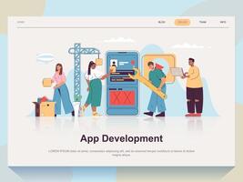 App development web concept for landing page in flat design. Man and woman working with mobile interface, constructing application layout. Vector illustration with people scene for website homepage