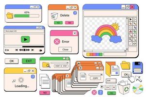 Windows browser objects mega set in graphic flat design. Bundle elements of 80s 90s retro style of computer windows of loading files, player and other templates. Vector illustration isolated stickers