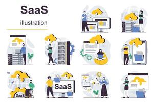 SaaS concept with character situations mega set. Bundle of scenes people using cloud processing or storage, database and programs access with subscription. Vector illustrations in flat web design