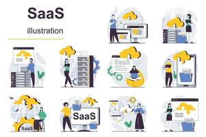 saas concepto con personaje situaciones mega colocar. haz de escenas personas utilizando nube Procesando o almacenamiento, base de datos y programas acceso con suscripción. vector ilustraciones en plano web diseño