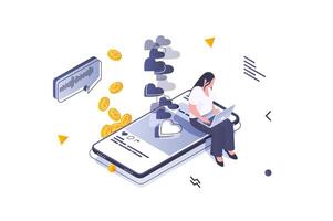 Social media concept in 3d isometric design. Woman creating new post, collecting many likes and comments and earning in online blog. Vector illustration with isometric people scene for web graphic