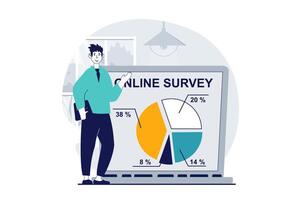 Online survey concept with people scene in flat design for web. Man analyzes quiz results in diagram with percentage of answers. Vector illustration for social media banner, marketing material.