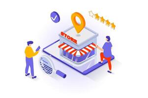 en línea compras concepto en 3d isométrica diseño. personas elegir Tienda con bueno clasificación y clientela experiencia, hacer compras y dar comentario. vector ilustración con isometria escena para web gráfico