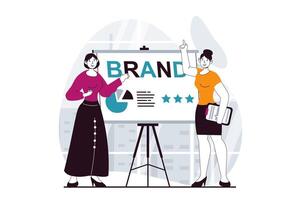 Branding team concept with people scene in flat design for web. Women colleagues brainstorming and discussing new ideas for promotion. Vector illustration for social media banner, marketing material.