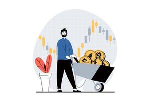 Cryptocurrency mining concept with people scene in flat design for web. Man with wheelbarrow mining different crypto money and coins. Vector illustration for social media banner, marketing material.