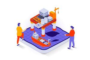 Oil industry concept in 3d isometric design. People at petroleum extraction factory with machinery platform for manufacturing and shipping. Vector illustration with isometry scene for web graphic