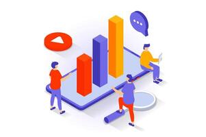 Business and marketing concept in 3d isometric design. People analyzing data, developing company, promoting in social networks with ad content. Vector illustration with isometry scene for web graphic