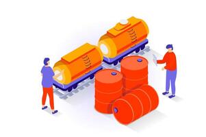 Oil industry concept in 3d isometric design. People working with tank railroad wagon for petroleum transportation and storage in barrels. Vector illustration with isometry scene for web graphic