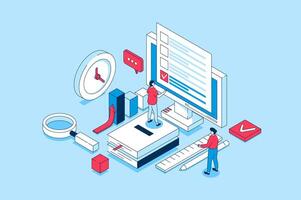 Online survey concept in 3d isometric design. People giving feedback and marking answer in questionnaire, voting in digital form on computer. Vector illustration with isometry scene for web graphic