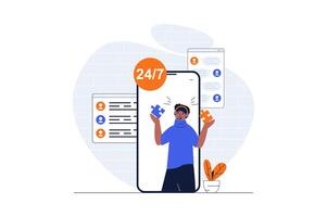 Customer support web concept with character scene. Man finds solutions and consults clients a mobile app. People situation in flat design. Vector illustration for social media marketing material.