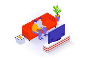 Home interior concept in 3d isometric design. People rest in living room, sit on sofa with side table and plant, watching tv plasma on stand. Vector illustration with isometry scene for web graphic