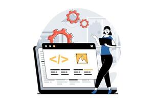 Software development concept with people scene in flat design for web. Woman creating code for website layouts, settings and testing. Vector illustration for social media banner, marketing material.