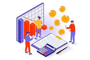 Unemployment and crisis concept in 3d isometric design. People analysis company budget with arrows chart down, financial problem and default. Vector illustration with isometry scene for web graphic