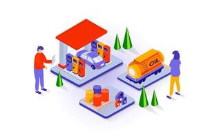 Oil industry concept in 3d isometric design. People at petrol filling station refueling car, workers transporting benzin and storage in barrels. Vector illustration with isometry scene for web graphic