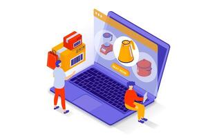 Online shopping concept in 3d isometric design. People choosing kitchen appliance at store assortment webpage, ordering and paying at laptop. Vector illustration with isometry scene for web graphic