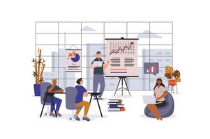 Business meeting concept with character scene for web. Women and men working in team at office, discussing presentation. People situation in flat design. Vector illustration for marketing material.