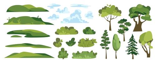 Summer landscape elements constructor mega set in flat graphic design. Creator kit with green hills, fluffy clouds, bushes and different trees, forest plants, woodland ecosystem. Vector illustration.