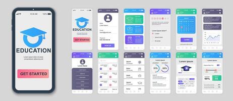 educación móvil aplicación pantallas conjunto para web plantillas. paquete de estudiante perfil, aprendizaje cursos, calendario, en línea lecciones, progreso. ui, ux, gui usuario interfaz equipo para Teléfono móvil diseños vector diseño