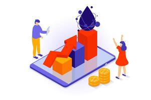 Oil industry concept in 3d isometric design. People analyzing data growth of selling petroleum and other petrochemical product at global market. Vector illustration with isometry scene for web graphic