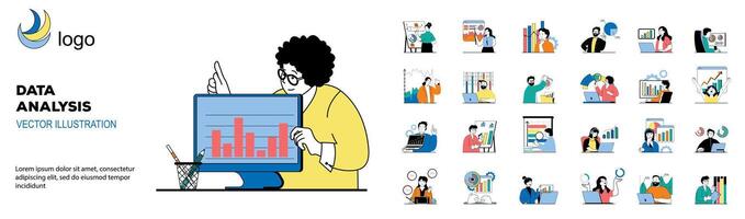 Data analysis concept with character situations mega set. Bundle of scenes people making market research, working with graphs and charts, analyzing reports. Vector illustrations in flat web design