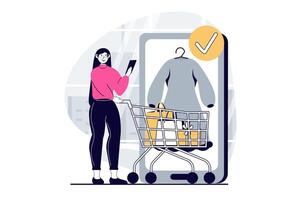 Mobile commerce concept with people scene in flat design for web. Woman with supermarket cart choosing clothes in online store app. Vector illustration for social media banner, marketing material.