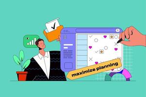 Planning web concept with character scene. Man plans meeting and events in calendar, schedules tasks and work deadlines. People situation in flat design. Vector illustration for marketing material.