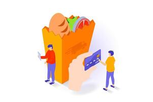 Food delivery concept in 3d isometric design. People order products bag at supermarket with courier fast shipping and paying with credit card. Vector illustration with isometry scene for web graphic