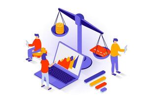 Business and marketing concept in 3d isometric design. People working in e-commerce, developing company, accounting and creating ad campaign. Vector illustration with isometry scene for web graphic