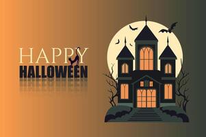 Halloween party poster template in flat design. Banner invitation layout to night horror festival with spooky old gothic castle with moon on backdrop, creepy black trees and bats. Vector illustration.